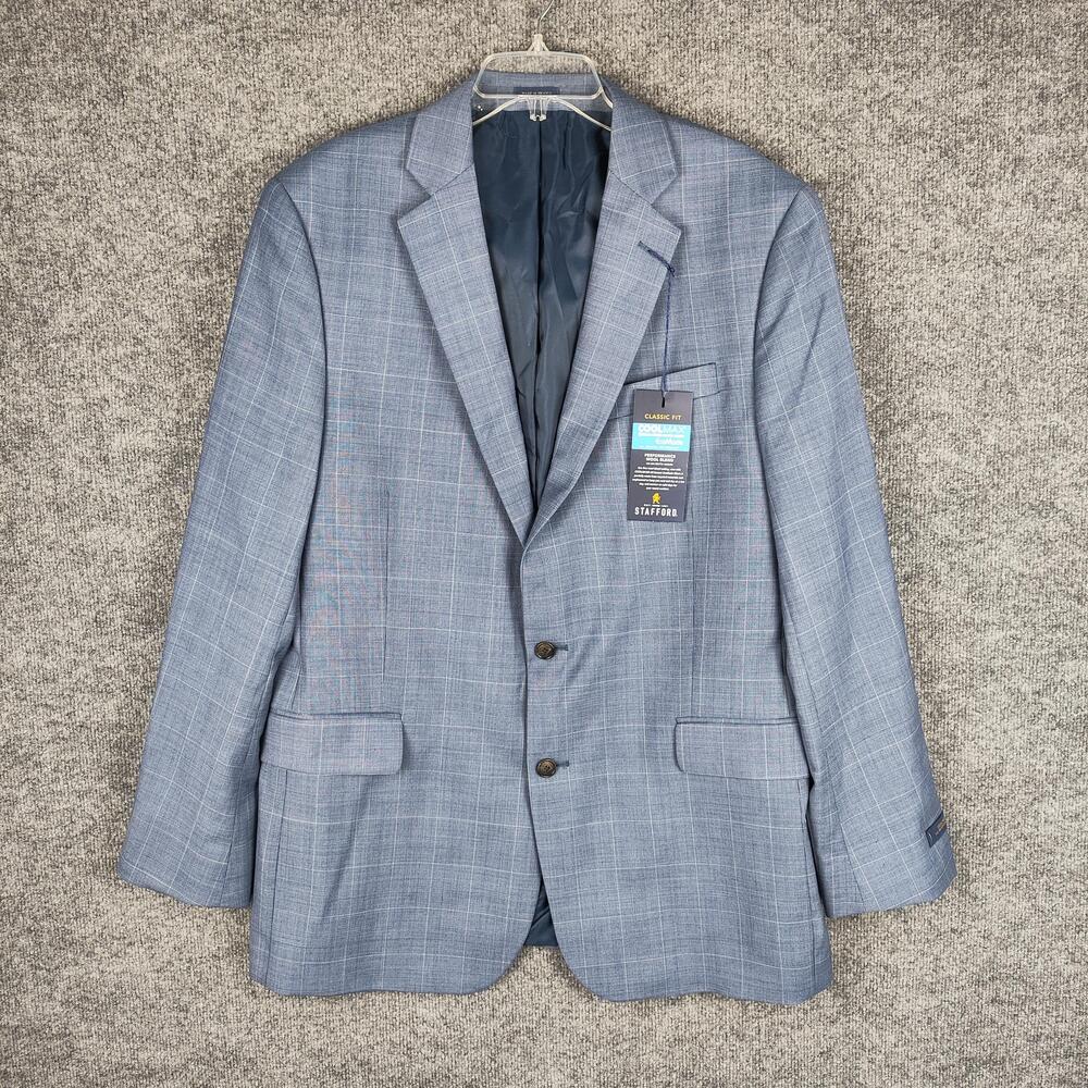 Stafford Suit Jacket Mens 46 Long Blue Plaid Wool Double Vent 2 Btn Stretch